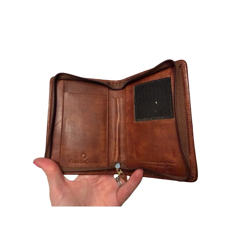 Franklin Covey Full Grain Leather Woven Zip Planner Cover Brown USA Small